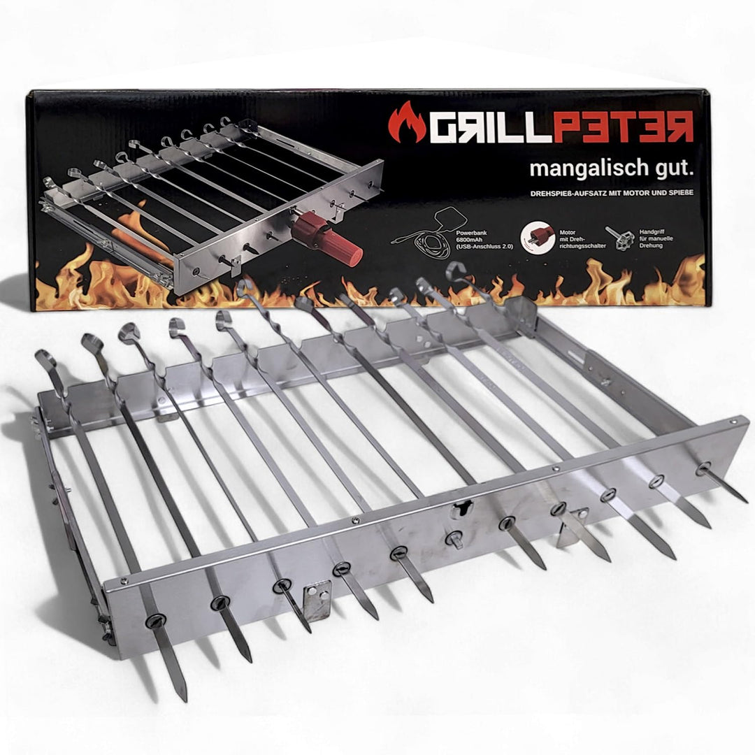 Grillpeter Schaschlik Spiessdreher aus Edelstahl, Motor mit Powerbank Spiesse für Mangal (für 11 Spi