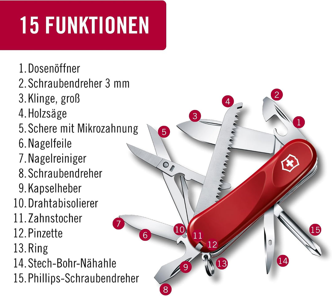 Victorinox Taschenmesser Evolution 18 (15 Funktionen, Ergonomisch, Klinge, Nagelfeile) Rot, Rot