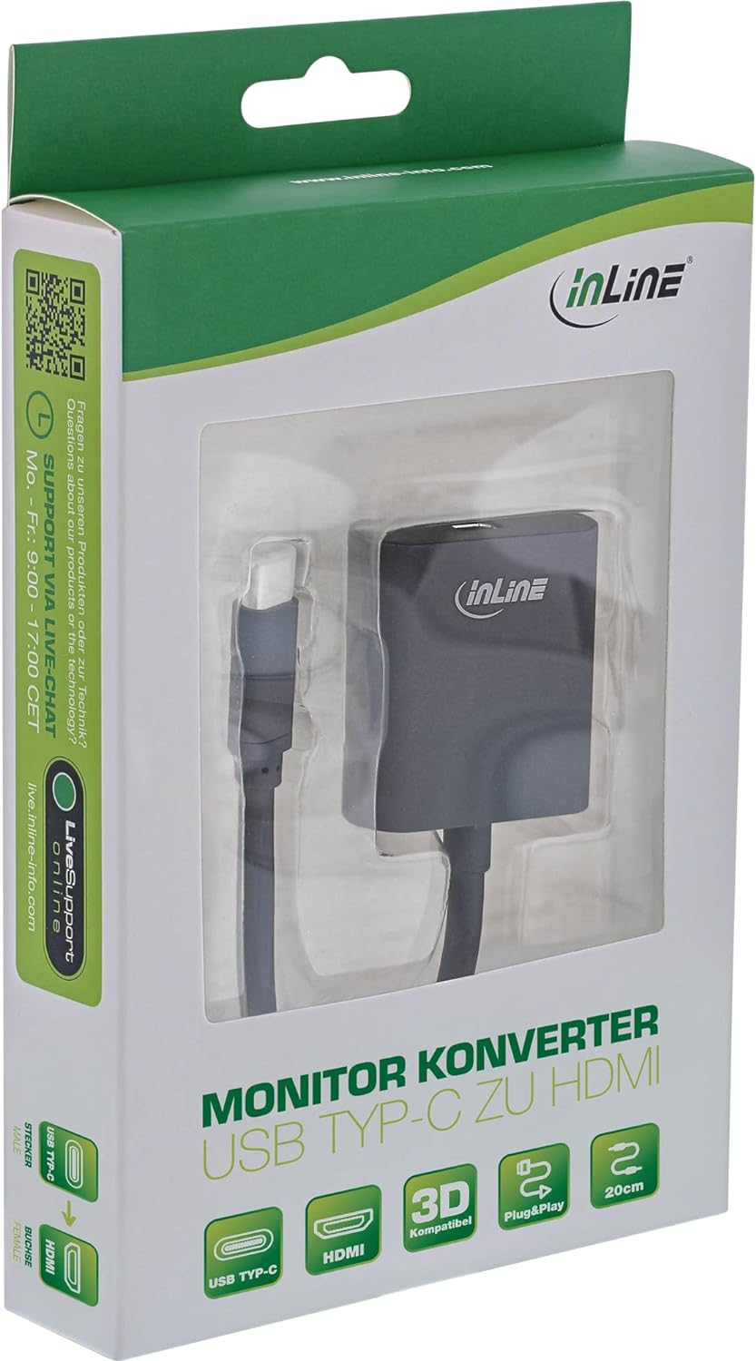 InLine 64101B USB Display Konverter, USB Typ-C Stecker zu HDMI Buchse (DP Alt Mode), 4K2K, schwarz,