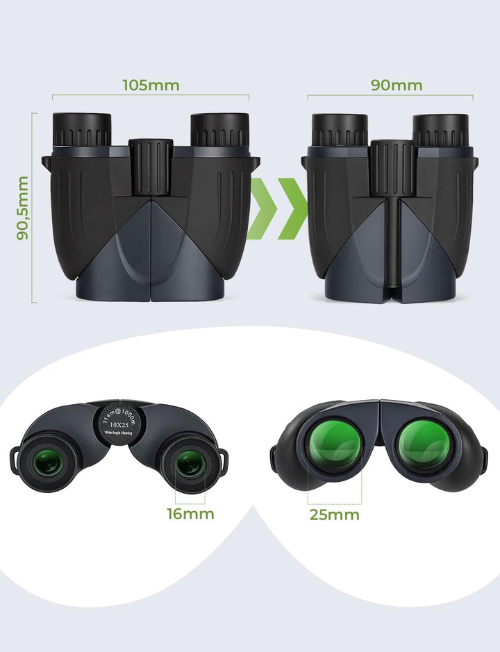 LIORQUE 10×25 Fernglas für Kinder & Erwachsene | Binoculars Kompakt, Faltbar & Leicht | Geeignet für