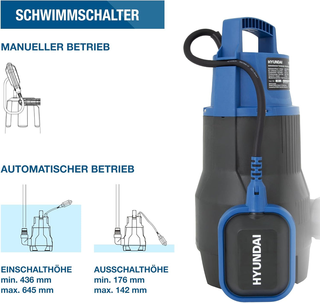 HYUNDAI Schmutzwasser-Tauchpumpe TP75014D | 750 W, Fördermenge 14.000 l/h, | Eintauchtiefe: max. 7 m