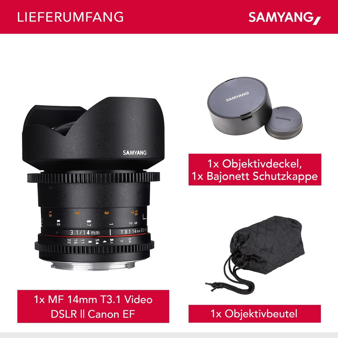 Samyang 14/3,1 Objektiv Video DSLR II Canon EF manueller Fokus Videoobjektiv 0,8 Zahnkranz Gear, Wei