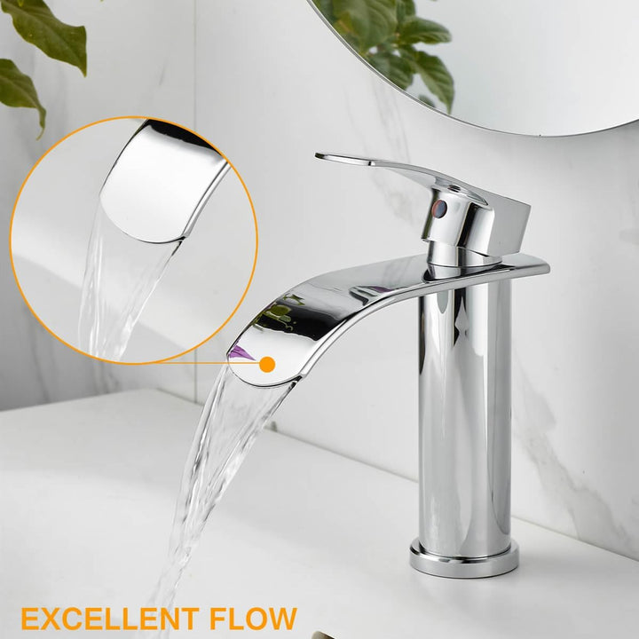 Beelee Einloch-Einhebel Wasserfall Waschtischarmatur mit G3/8" Kalt- und Warmwasseranschluss, verchr