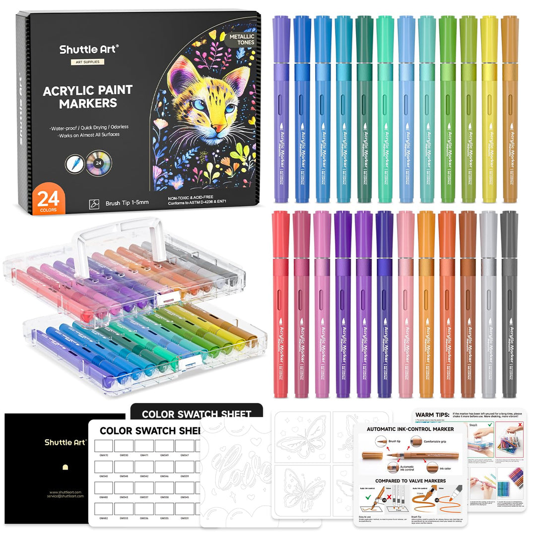 Shuttle Art 24 Metallic Acrylstifte für Steine wasserfest, Steine bemalen Stifte Set mit automatisch