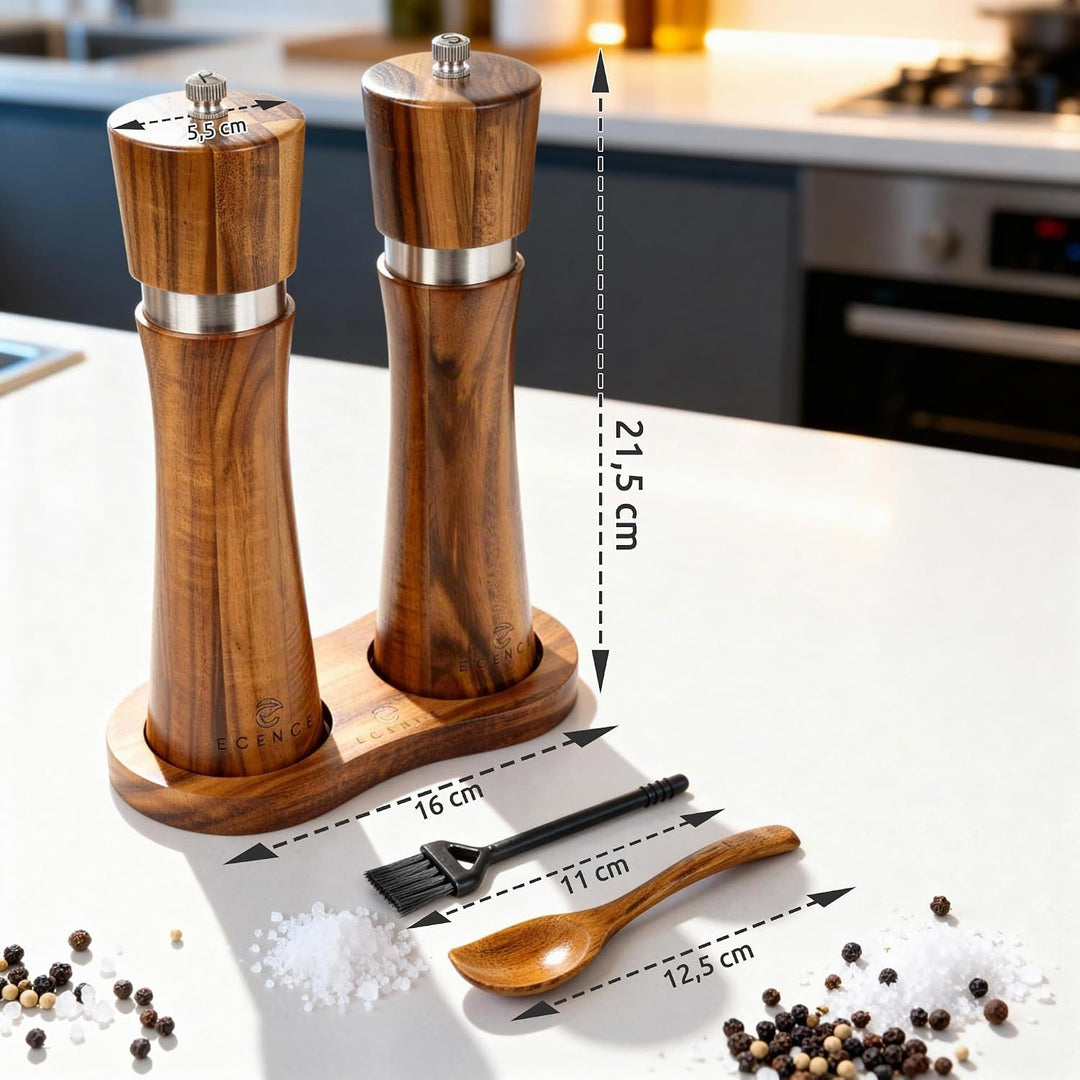 ECENCE Salz und Pfeffermühle Holz 2er Set Pfeffer und Salzmühle aus Akazienholz, Gewürzmühle mit Ker
