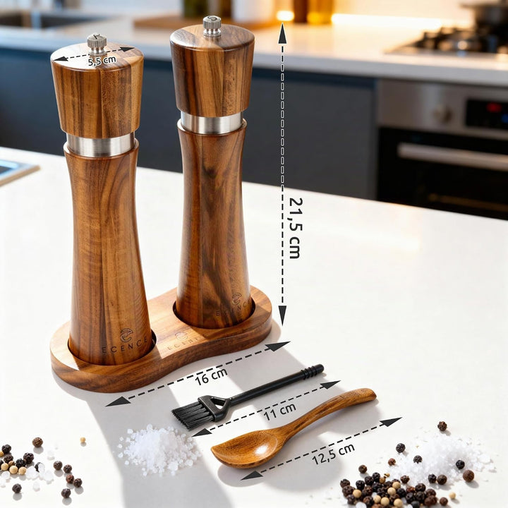 ECENCE Salz und Pfeffermühle Holz 2er Set Pfeffer und Salzmühle aus Akazienholz, Gewürzmühle mit Ker