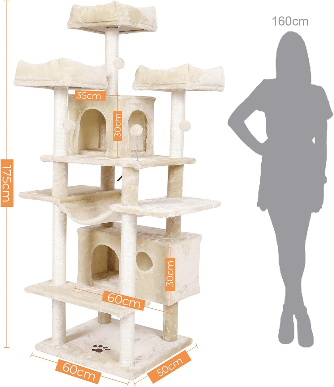 MSmask Kratzbaum gross XXL, 175cm Katzenbaum Katzen stabil mit 3 grosser Aussichtsplattform, Sisal-K