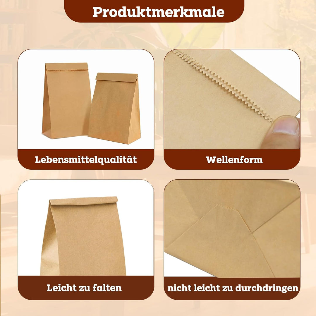 100 Stück Papiertüten Gross 20x12,5x30,5cm Papiertüten Braun Kraftpapier Brotbeutel für Geburtstagsp