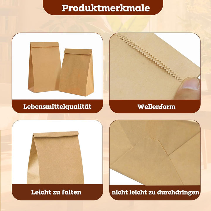 100 Stück Papiertüten Gross 20x12,5x30,5cm Papiertüten Braun Kraftpapier Brotbeutel für Geburtstagsp