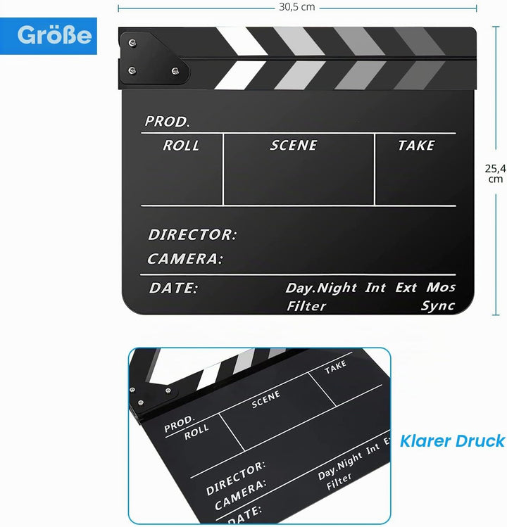 Filmklappe, Szene Acryl Filmklappe,Film Requisiten Schwarz, Mit Kostenloses Kit, Regieklappe Farbstr
