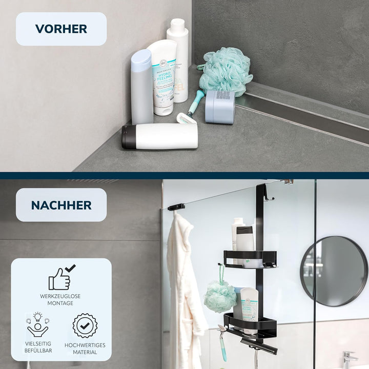 eluno Duschablage für die Glasduschwand, Duschkorb zum Einhängen mit 2 fest integrierten und 4 verse