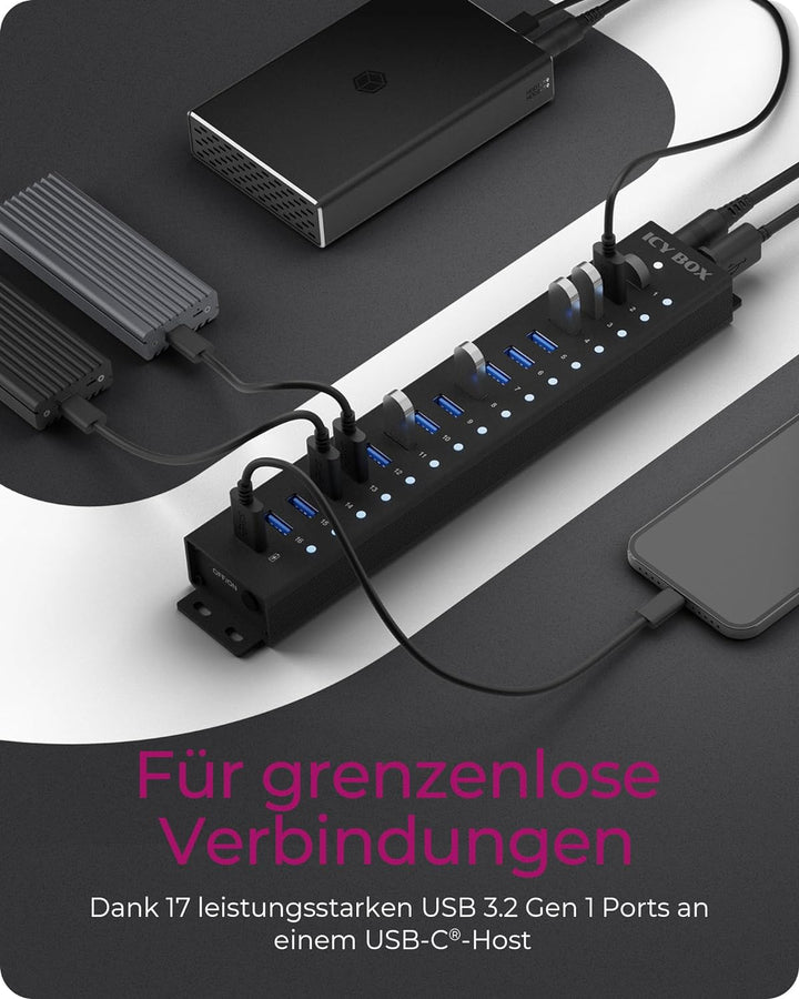 ICY BOX USB HUB (17 Ports) 16x USB & 1x USB Laden, USB 3.2 Gen 1 (5 Gbit/s pro Port), mit 96W Netzte