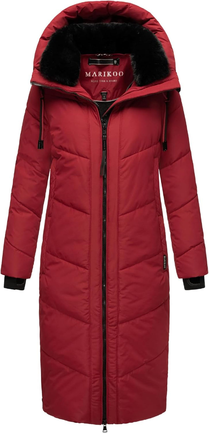 MARIKOO Damen Wintermantel warmer Steppmantel lang mit Kapuze und abnehmbarem Kunstfellkragen Nadare