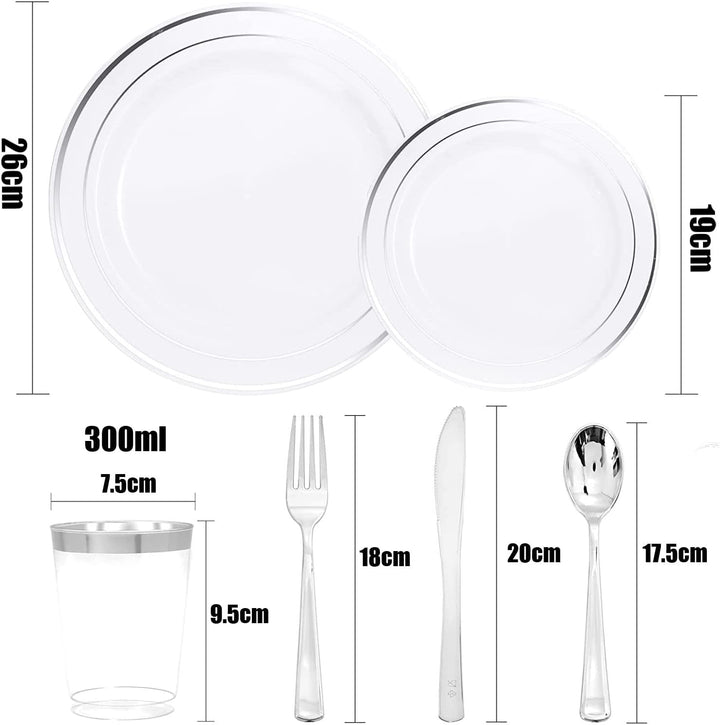 LATERN 150 Stück Mehrweg Silbernes Plastikgeschirr, 25 Stück Speiseteller, 25 Stück Salatteller, 25