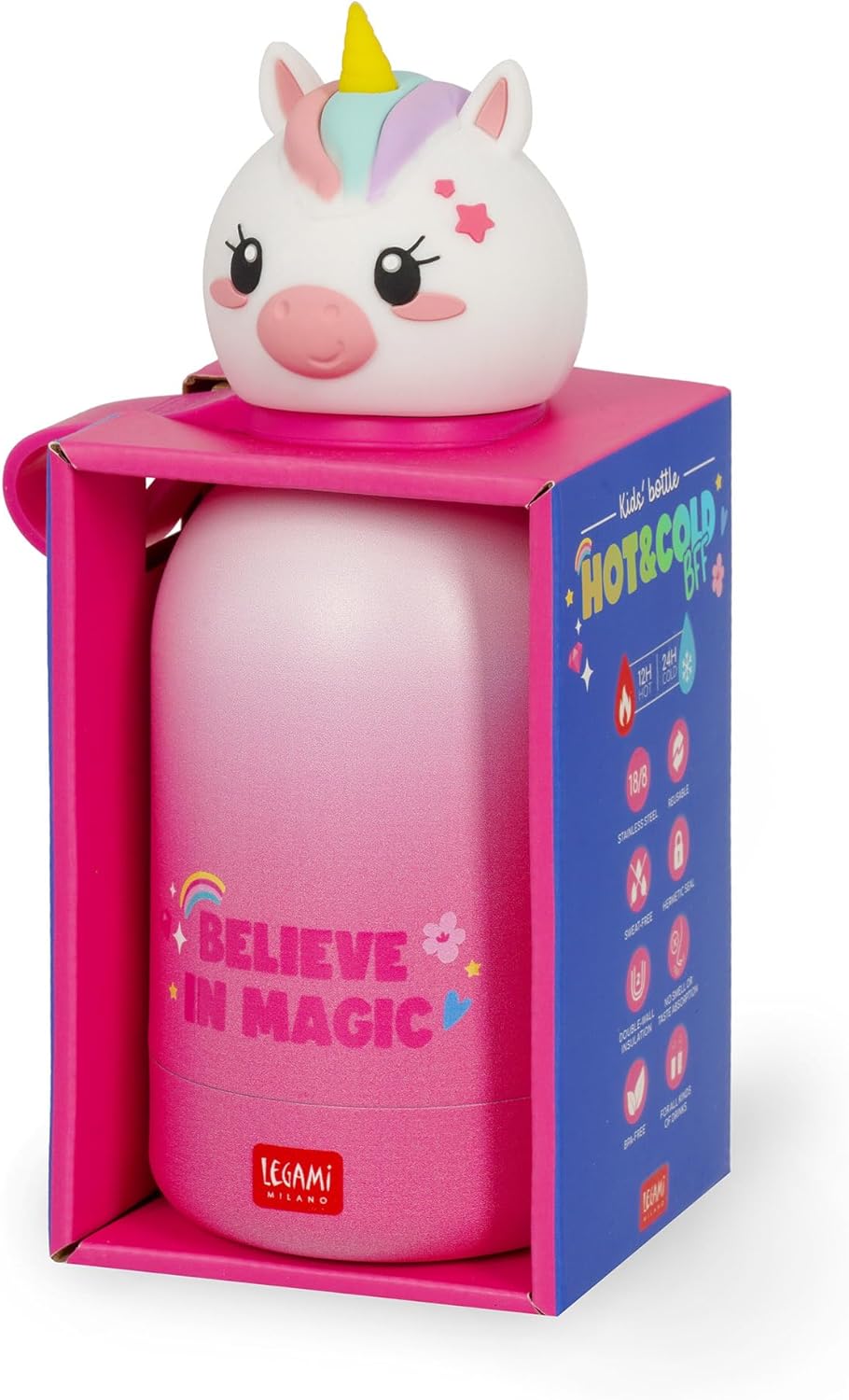 Legami - Hot&Cold BFF Kinder-Wasserflasche, Unicorn,-Motiv, doppellagig aus 18/8 Edelstahl mit luftd
