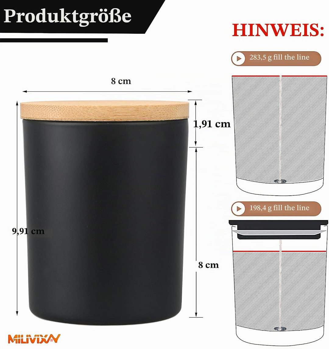 MILIVIXAY Mattierte schwarze Kerzengläser aus Glas mit Deckeln und Kerzenherstellungs-Sets, leere Ke
