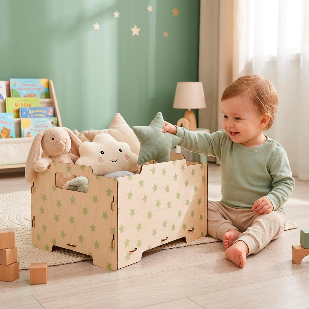 Dalber Spielzeugkiste Kinder Holz 2er-Set Sterne Grün | Aufbewahrungsboxen für Spielzeug; stapelbar;