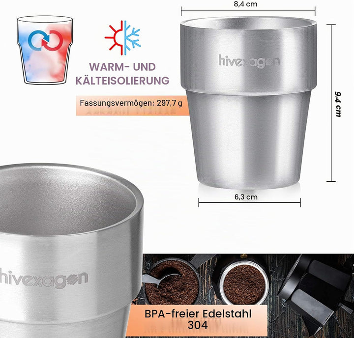 Hivexagon 300ml Set aus 8 Doppelwandigen Edelstahl becher edelstahl tasse- Ideal Für Kalte Getränke