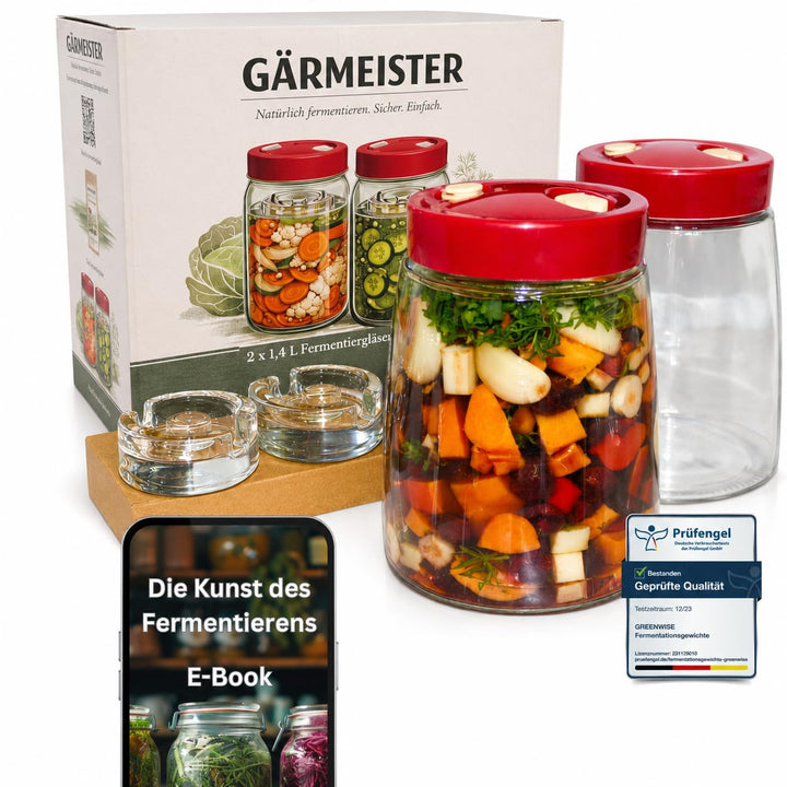 GREEN WISE Fermentierglas Set 2er – je 1,4L mit Gärventil & Deckel – inkl. 2 Fermentiergewichte – Ei