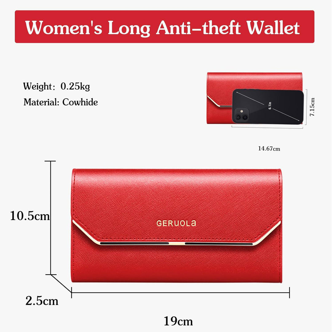 Geldbeutel Damen Leder Geldbörse RFID Schutz Large Portemonnaie Minimalistisch Lange Brieftasche Rot