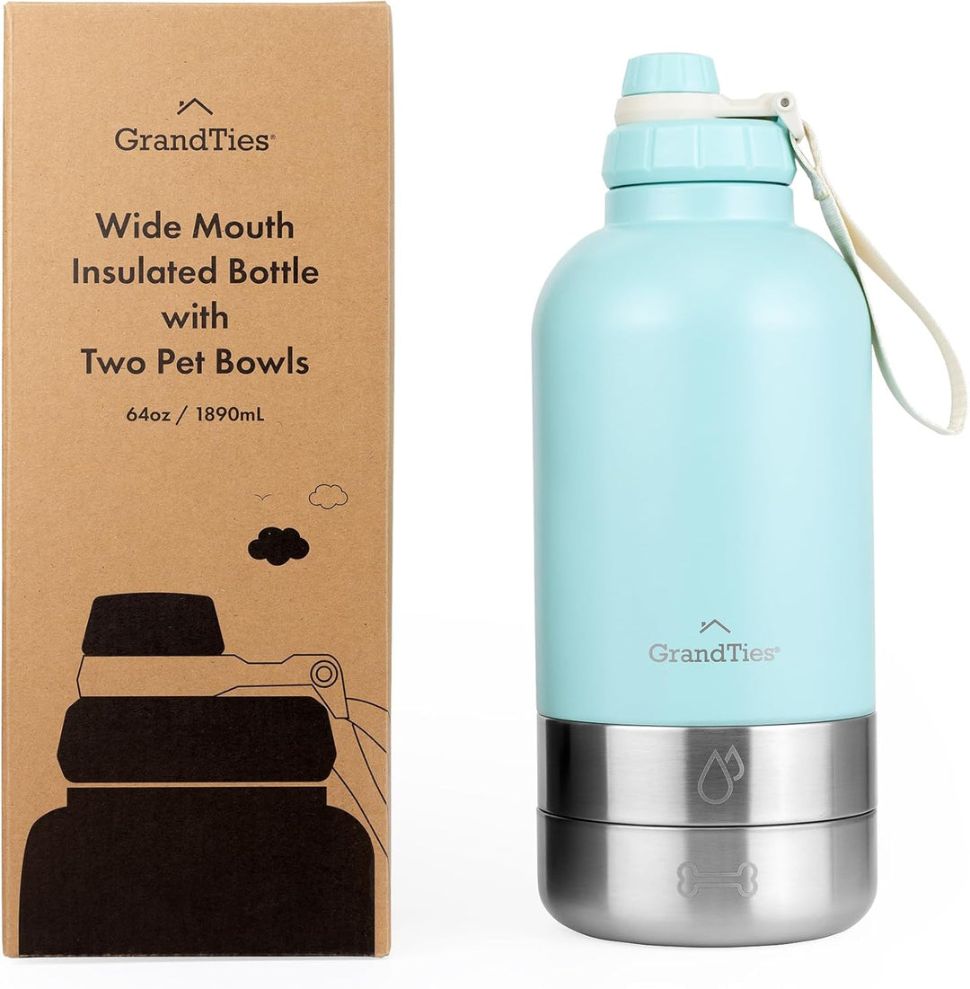 GrandTies Isolierte tragbare Hundewasserflasche mit 2 abnehmbaren Hundenapfspender, auslaufsicherer