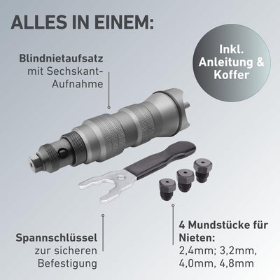 Fortum Nietaufsatz für Akkuschrauber oder Bohrmaschine für 2,4-4,8 mm (4 Mundstücke) Blindnieten aus