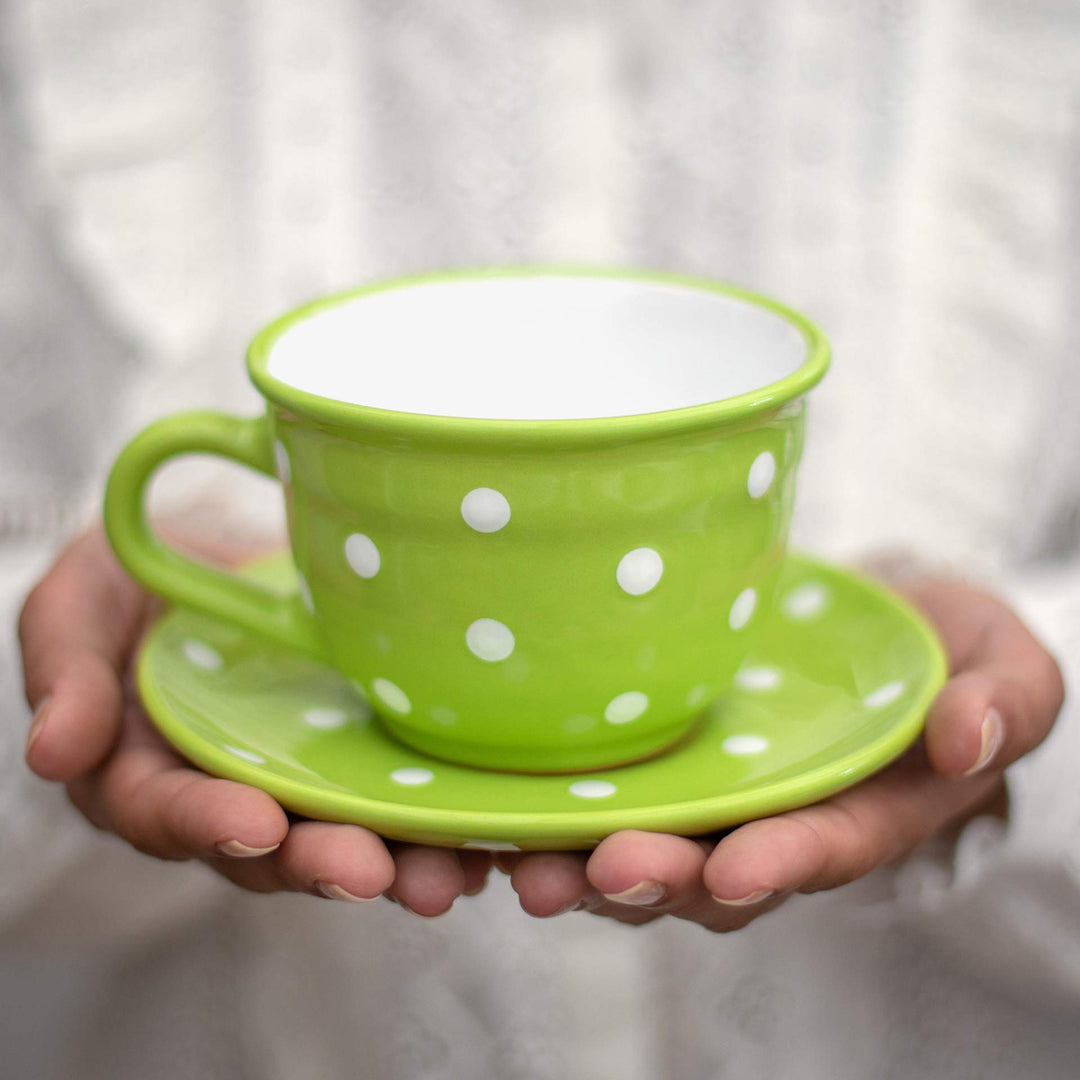 City to Cottage - Keramik Kaffebecher Teetasse 350 ml, Grün und Weiss Polka Dots, Handgemacht Kaffee