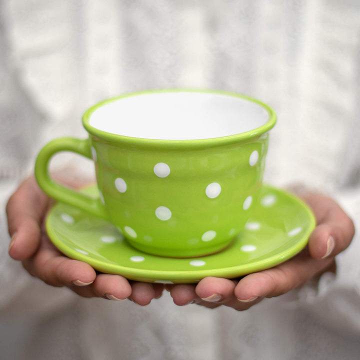 City to Cottage - Keramik Kaffebecher Teetasse 350 ml, Grün und Weiss Polka Dots, Handgemacht Kaffee