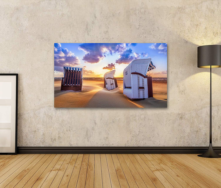 islandburner Bild auf Leinwand Strand Sonnenuntergang Ostsee Strandkörbe Bilder Wandbilder Poster Le