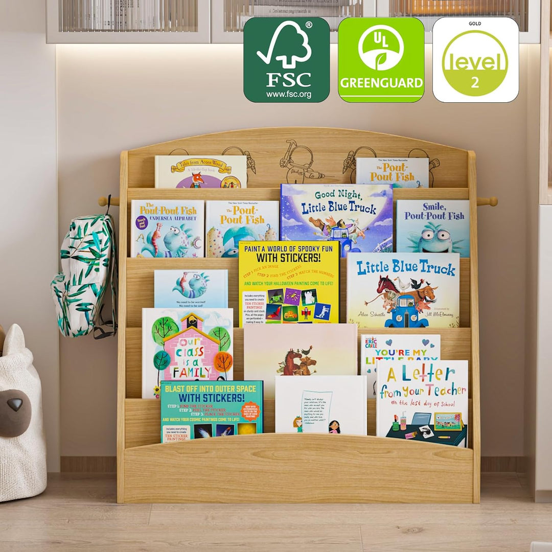 Kinder Bücherregal mit 5 offenen Fächern und Haken, Kinderregal Holz, Montessori Aufbewahrungsregal