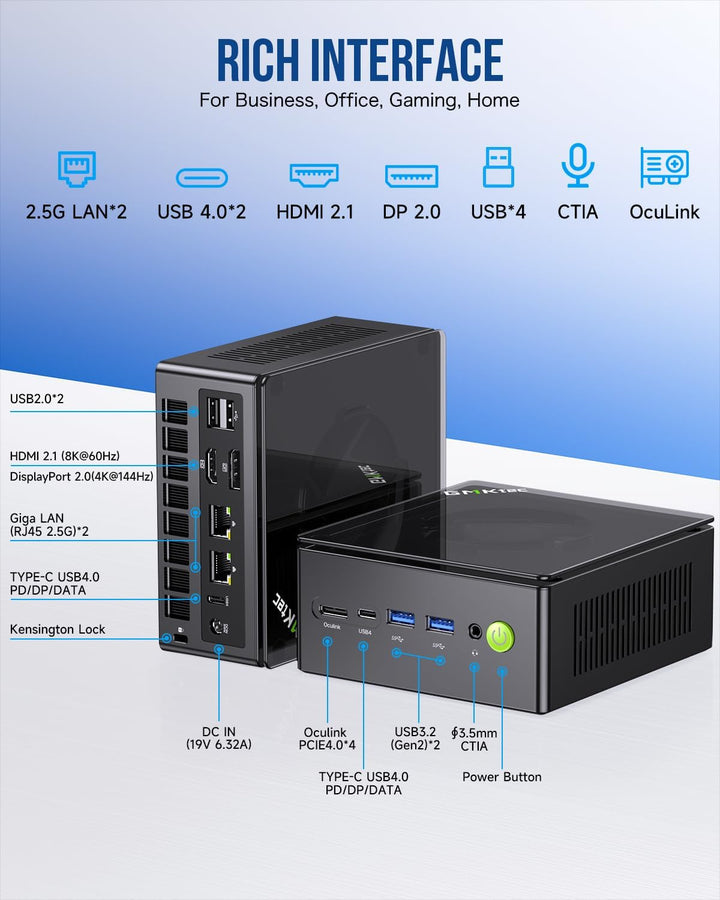 GMKtec Gaming Mini PC K8 Plus AMD Ryzen 7 8845HS (8K/16T, bis zu 5,1 GHz) 32 GB DDR5 RAM 1 TB SSD, D