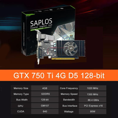 SAPLOS GTX 750 Ti Grafikkarte 4GB 128-bit, HDMI, VGA, DVI-D, Low Profile Grafikkarten PC, Computer G