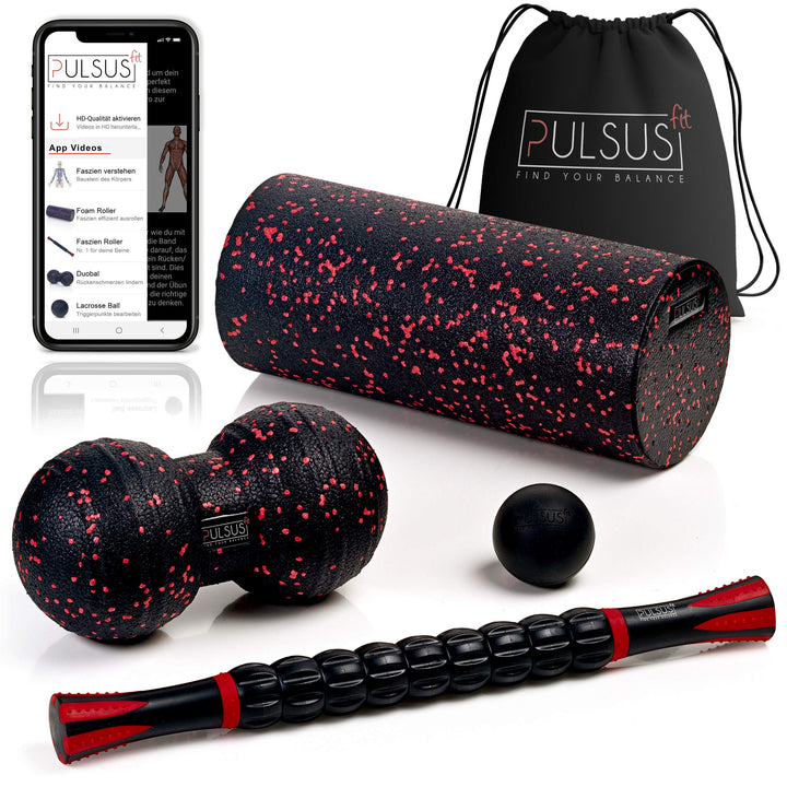 Faszien Set mit Übungsvideo App: Muskelroller, Duoball, Faszienrolle & Lacrosse Ball zum Faszien Tra