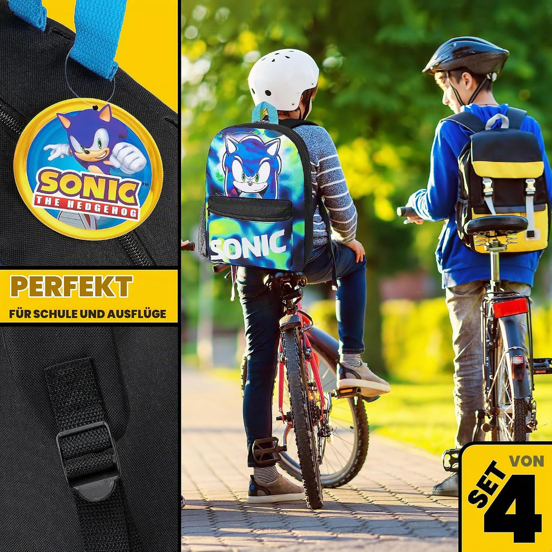 SONIC THE HEDGEHOG Schulrucksack Jungen Set, 4 STK. Rucksack Kinder Set Shadow Knuckles Trinkflasche