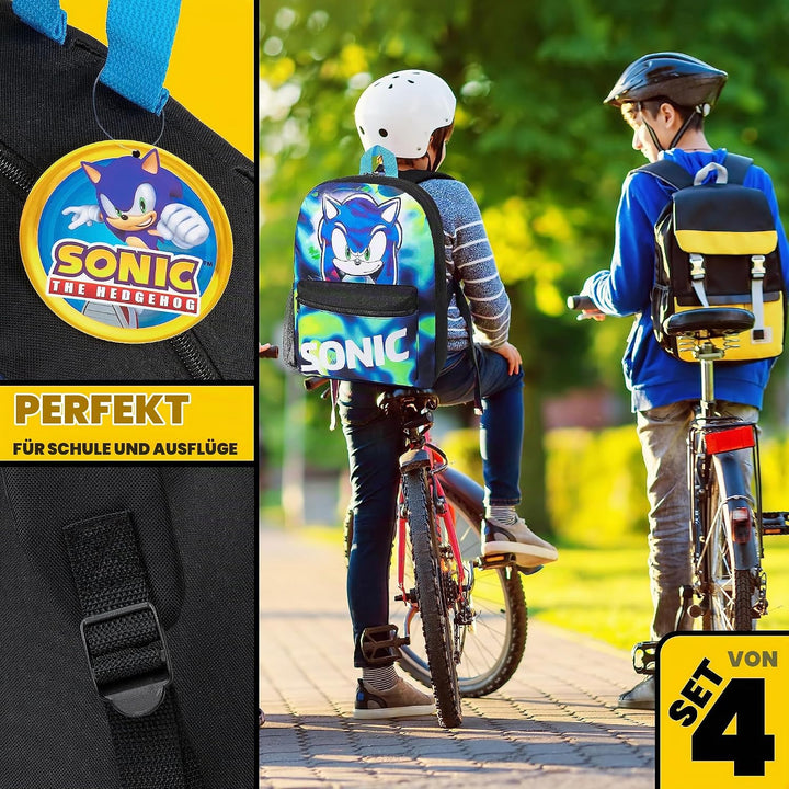 SONIC THE HEDGEHOG Schulrucksack Jungen Set, 4 STK. Rucksack Kinder Set Shadow Knuckles Trinkflasche