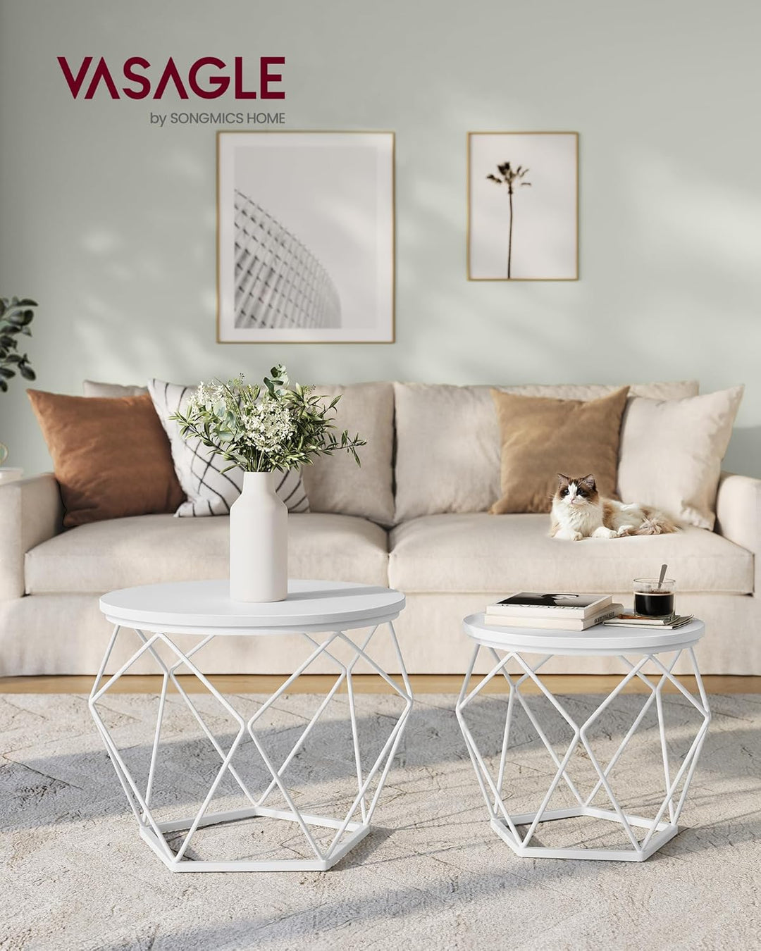 VASAGLE Couchtisch rund, 2er Set, Wohnzimmertisch, Beistelltisch, modern, abnehmbare Tischplatte, fü