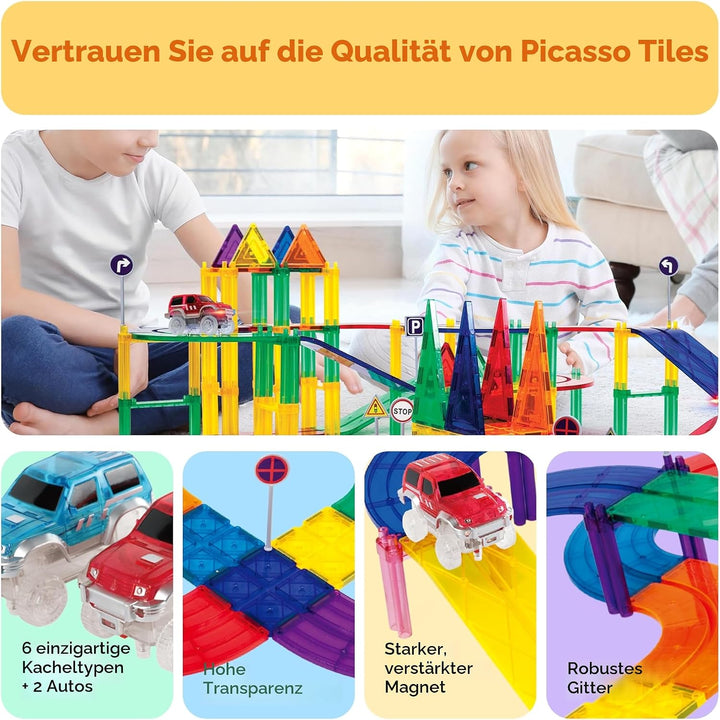PicassoTiles 80 Stück Rennwagen Bahn Baustein Lernspielzeug Set Magnetische Fliesen Magnet DIY Spiel