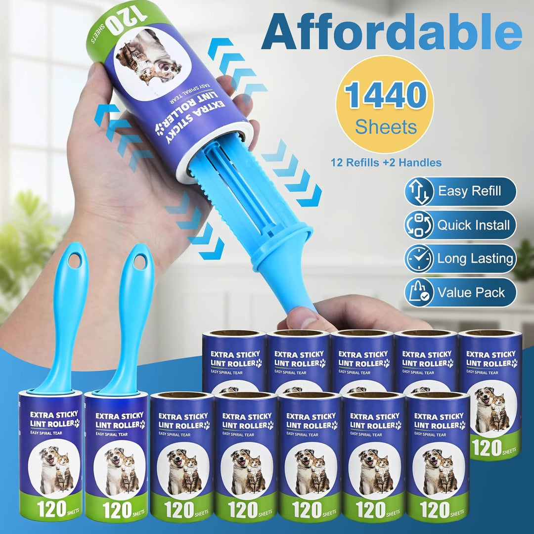 1440 Blatt Fusselrolle Tierhaare,12 Rollen Extra Stark Fusselroller Kleidung mit 2 Griffen,Starke Kl