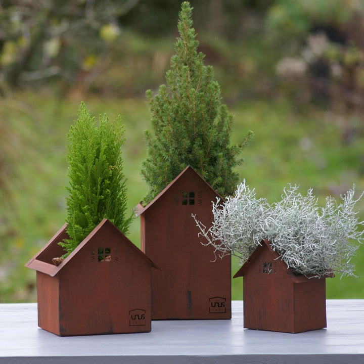 UNUS Deko Häuser 3er Set, Lichthäuser aus Metall in Rostbraun, Herbstdeko Outdoor, Weihnachtsdorf mi