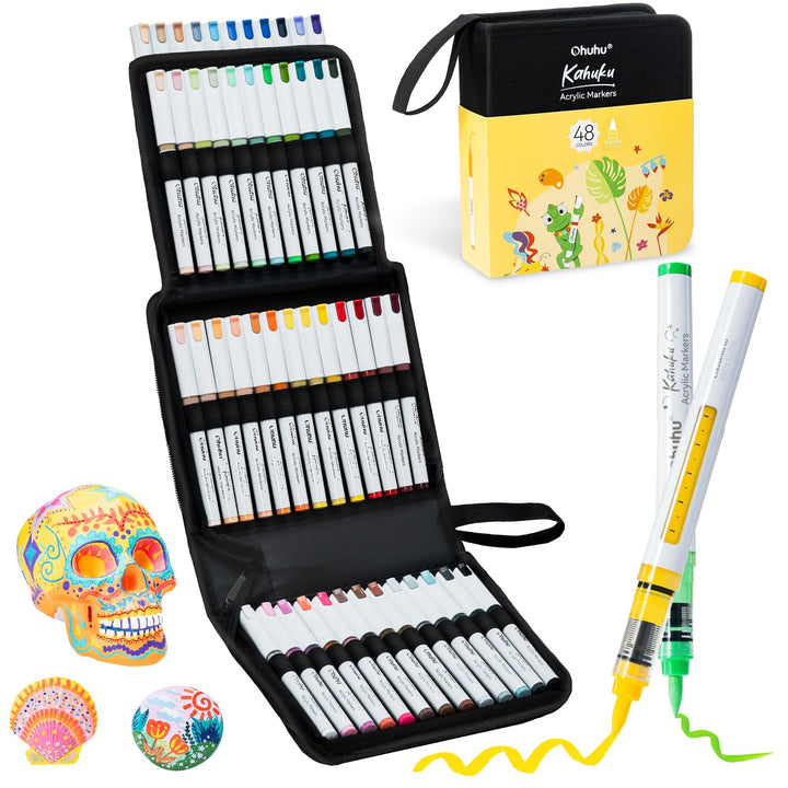 Ohuhu Acrylstifte mit Pinselspitze 48 Farben – Auto-Tintenregulierung, Hochdeckende Acrylic Markers,