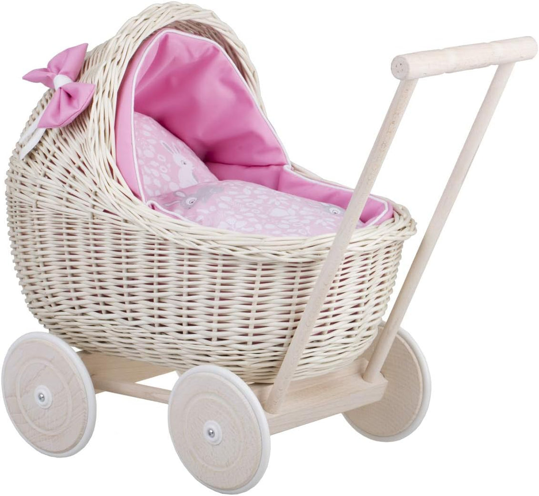 Puppenwagen aus Weide mit Bettwäsche - perfekte Geschenkidee - Korbpuppenwagen, schöner Spielzeug au