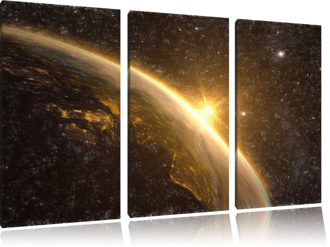 Pixxprint Die Sonne und Erde im Weltall Kunst Buntstift Effekt 3-Teiler Leinwandbild 120x80 Bild auf