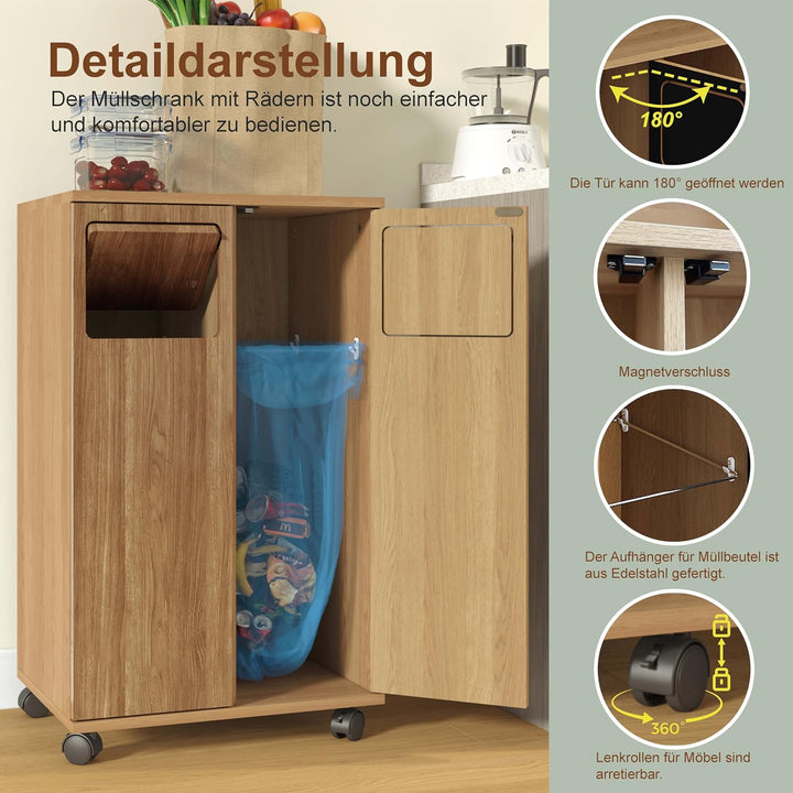 Generisch Mülltrennsystem mit Rollen, Müllsammler mit 2 Fach, Küchenunterschrank in Eiche-Optik, Mob