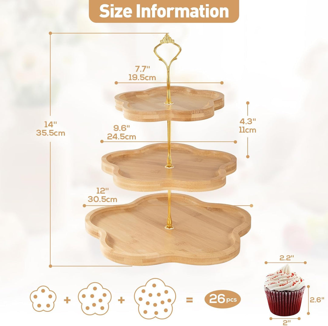 DUJUST Eleganter Holz-Cupcake-Ständer mit 3 Ebenen und Blumenform-Design, Bambus-Etagere für Cupcake