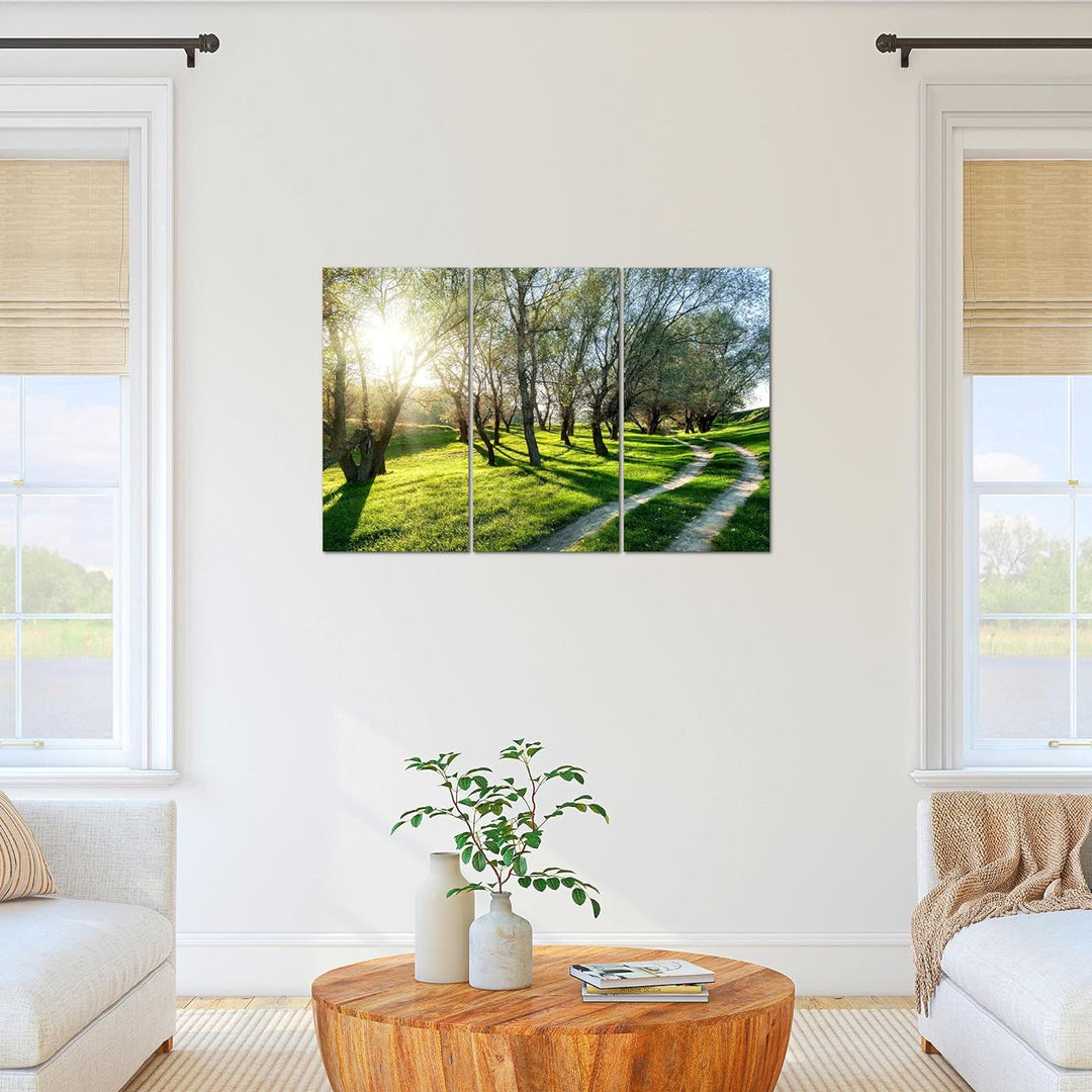 Runa Art Wandbilder Wald Landschaft Bild XXL Schlafzimmer Wohnzimmer Grün Sonne 120 x 80 cm 3 Teilig