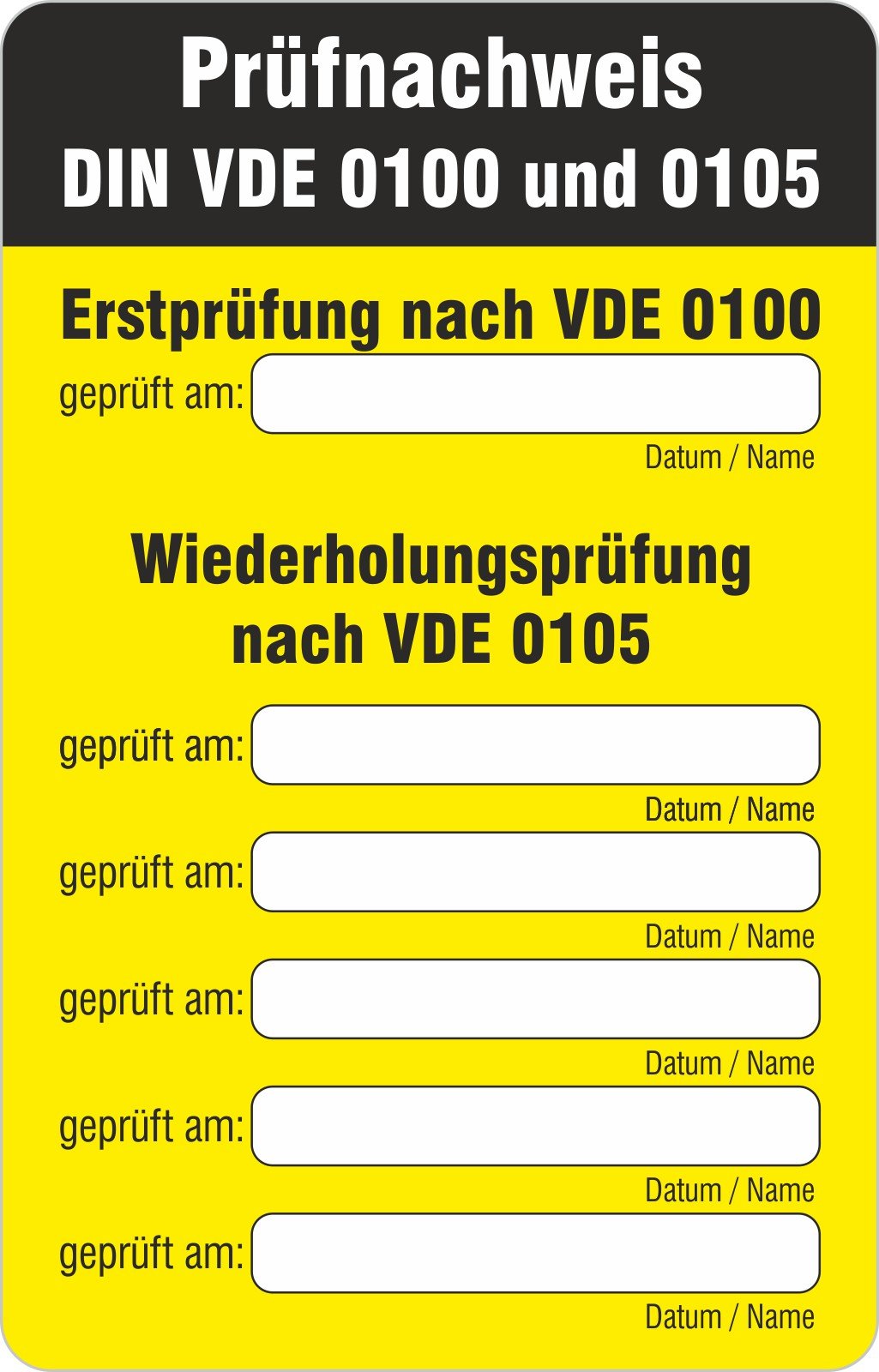 Aufkleber/Etikett/Prüfetikett VDE 0100 Prüfnachweis 80 x 125 mm ablösbar 100 Stück, 100