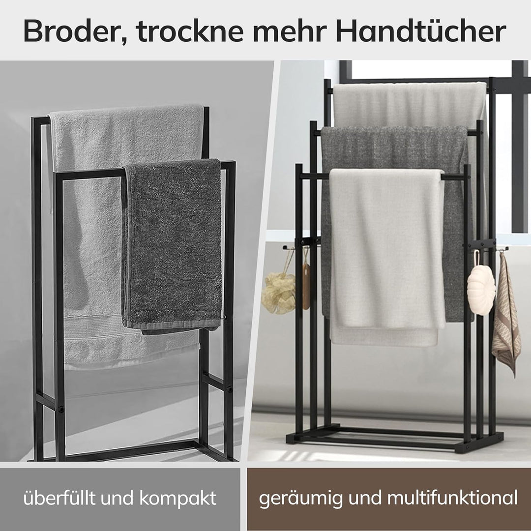 Handtuchhalter Stehend mit 3 Stangen und Haken, Handtuchleiter aus Stahl, Badetuchhalter für Badezim