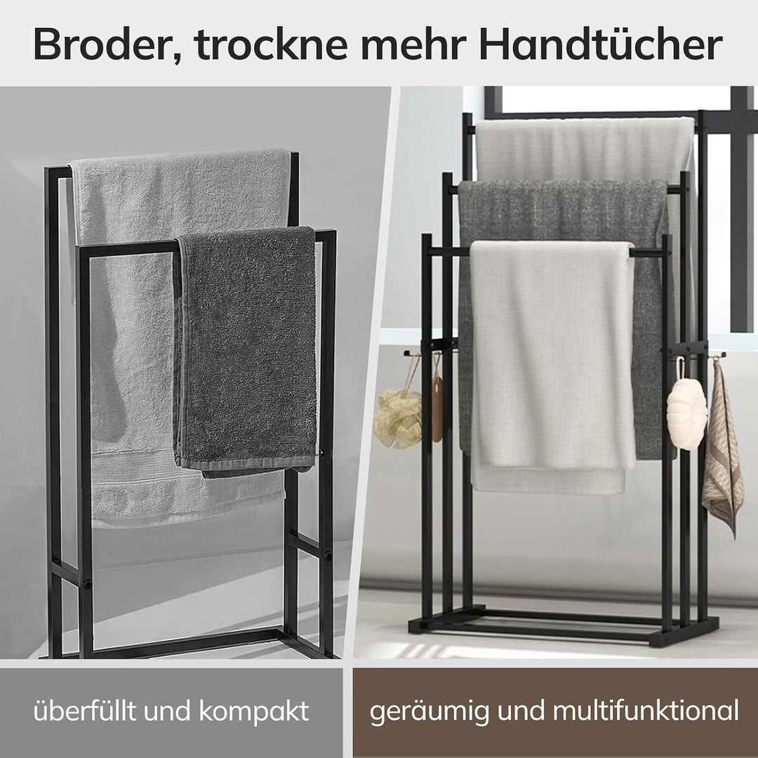 Handtuchhalter stehend schwarz mit Haken, 3-stufiger Handtuchständer freistehend ohne Bohren, stabil