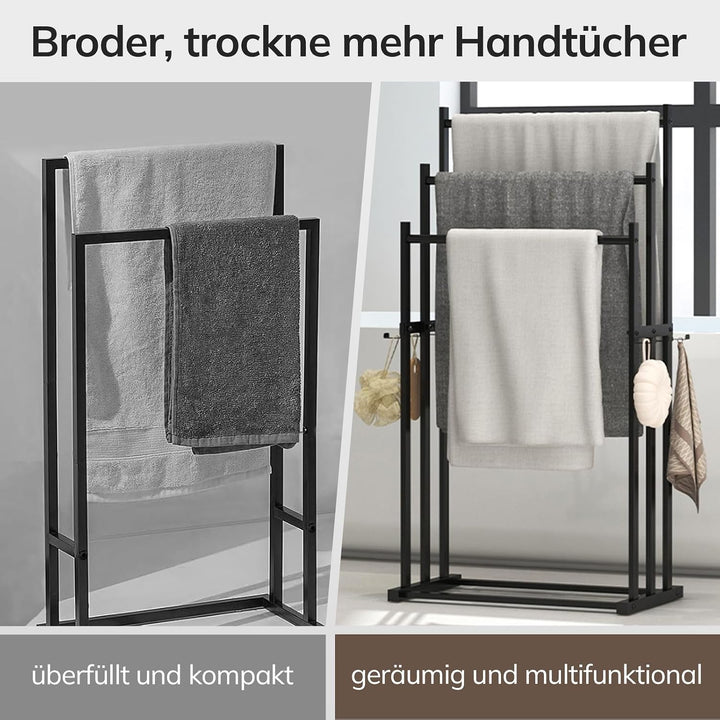 Handtuchhalter stehend schwarz mit Haken, 3-stufiger Handtuchständer freistehend ohne Bohren, stabil