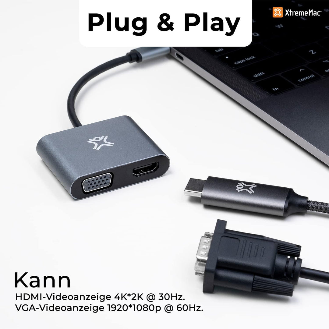 XtremeMac USB-C zu HDMI &amp; VGA Adapter, Dual Display, 4K Ultra HD (HDMI) und Full HD (VGA), MacBook P